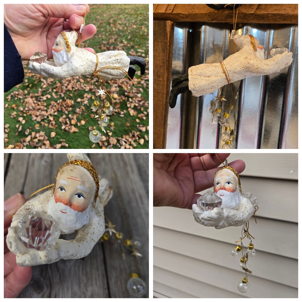 Vtg Dept 56 flying white Santa ornament glittery
